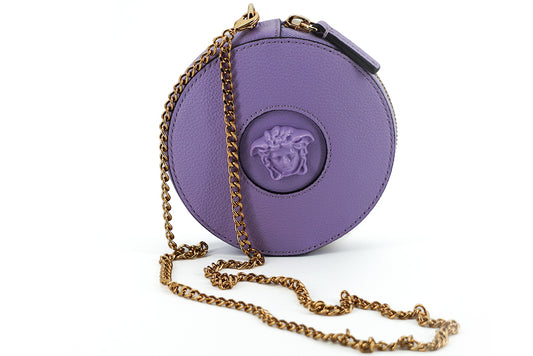 Versace Elegant Round Mini Shoulder Bag in Lustrous Purple